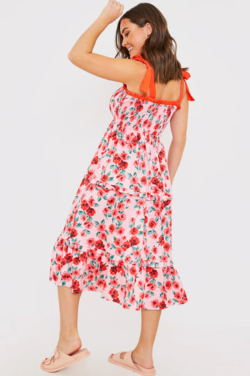 Shirred Bust Ruffle Midi Dress